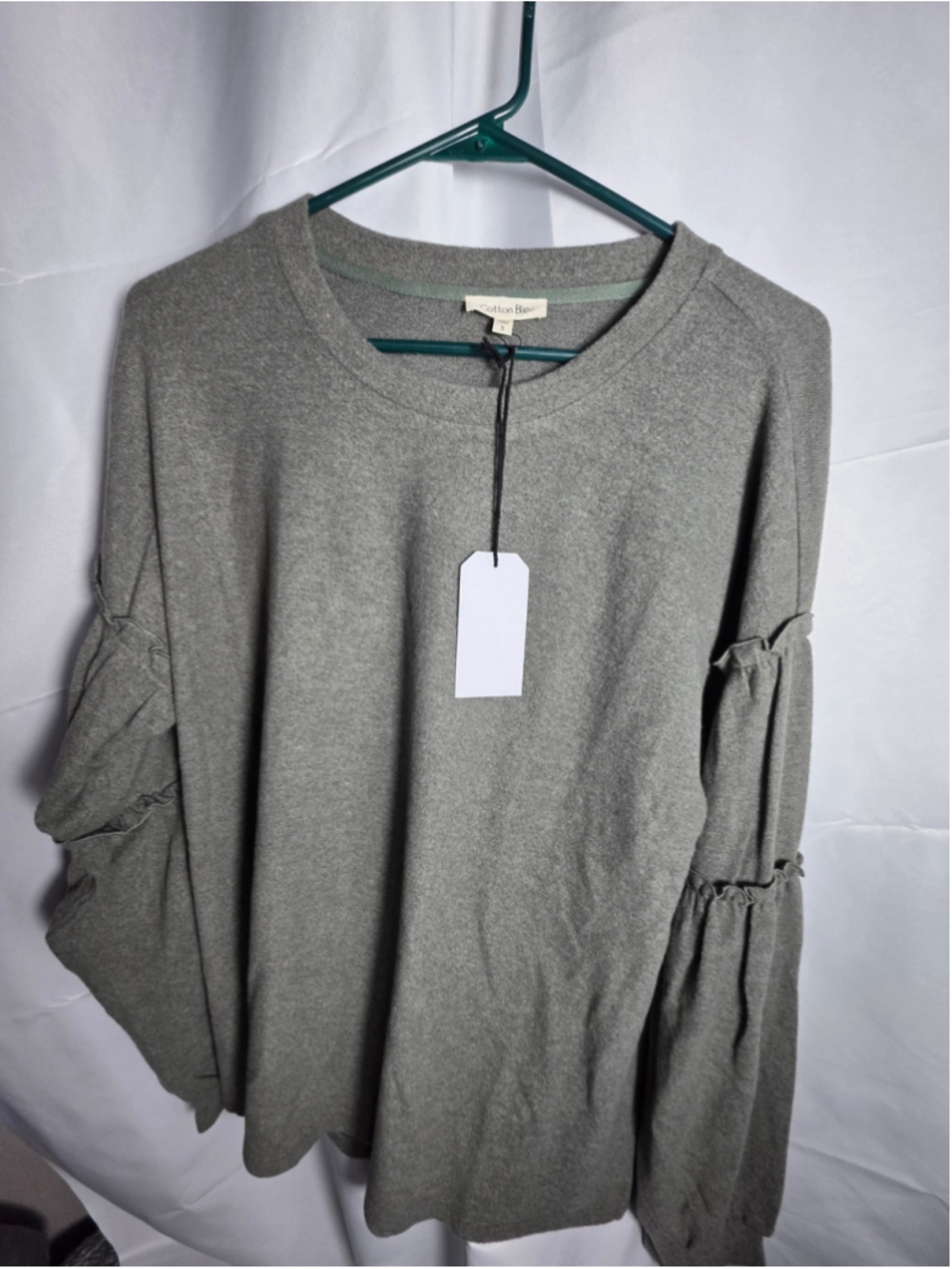Women's Cotton Bleu Long Sleeve Tee, Size S, Grey ruffles cottagecore fall cozy